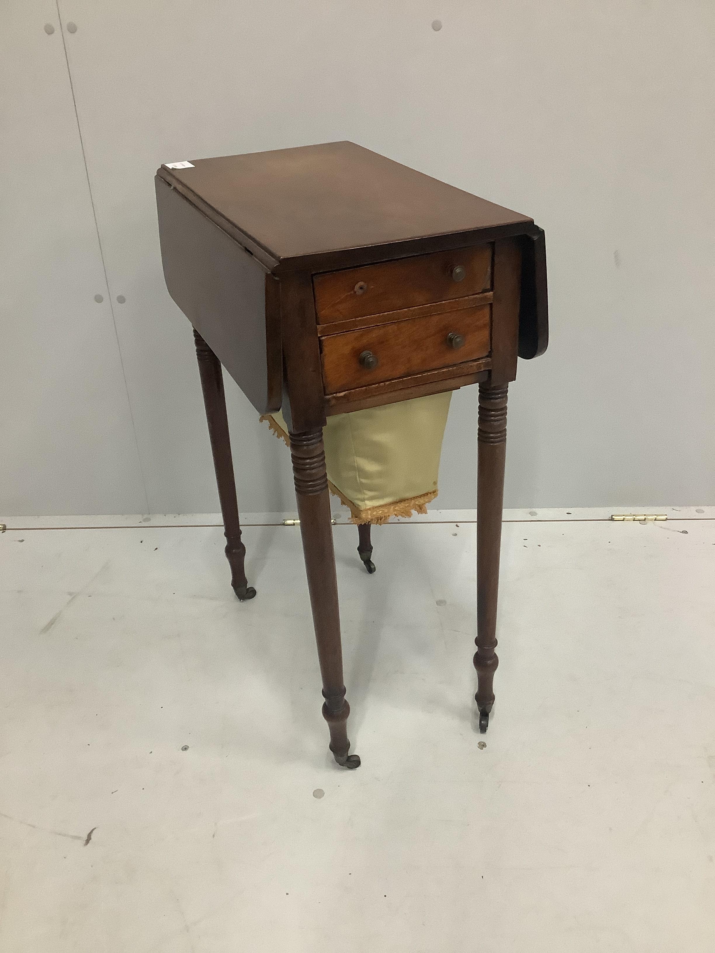 A Regency mahogany drop flap work table, width 50cm, depth 32cm, height 75cm